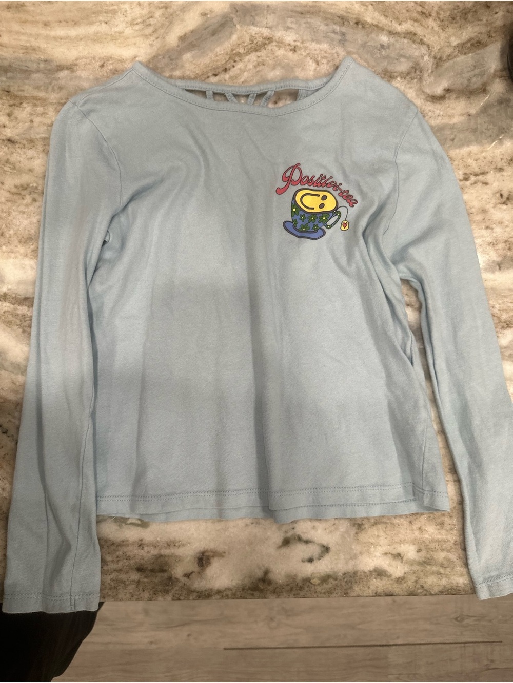 Old Navy Light Blue Long Sleeve Tee with Cheerful Cup Graphic